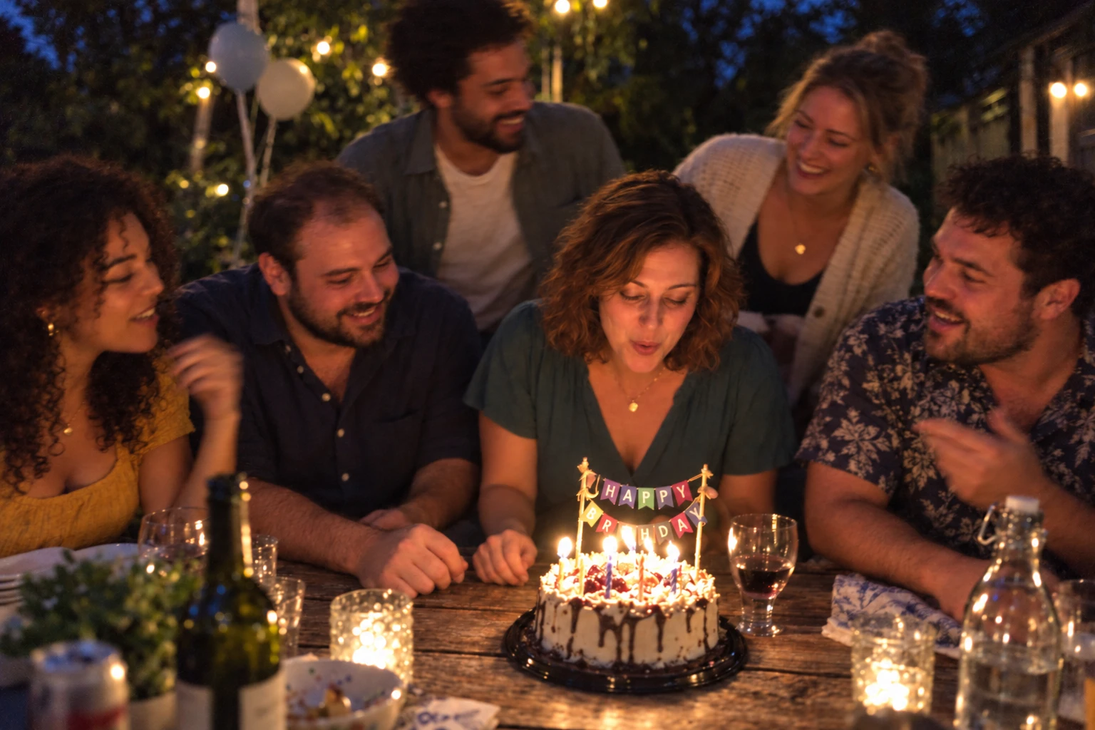 Un groupe d'amis autour d'un gâteau d'anniversaire, la personne fêtée souffle les bougies