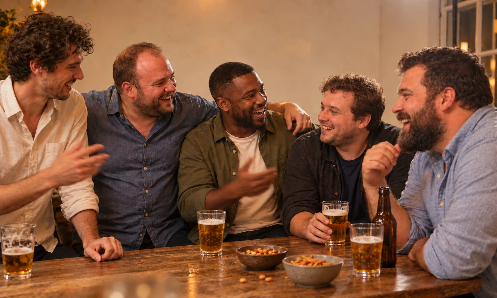 Cinq amis rient autour d'une table de bar, des bières devant eux