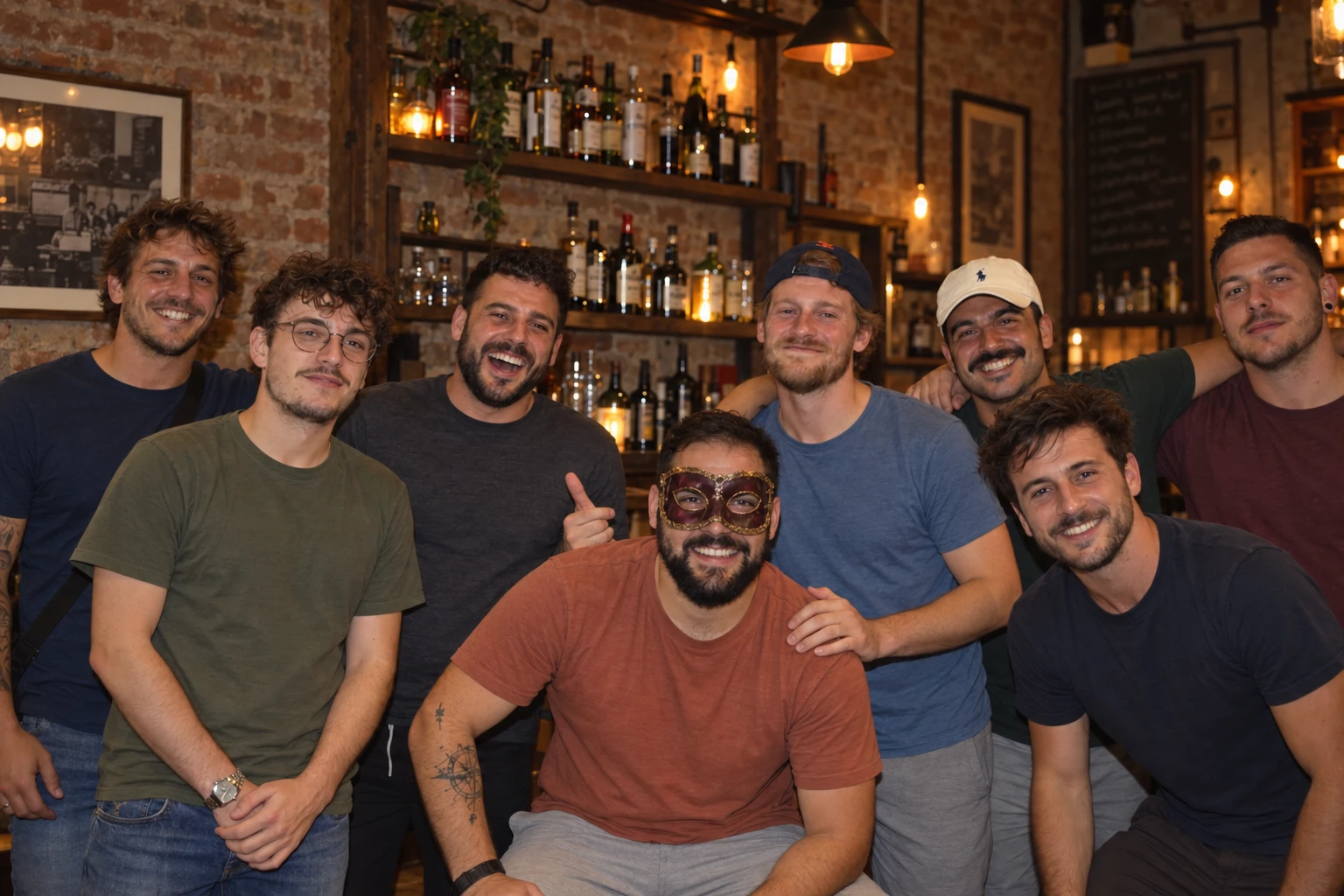 Huit amis réunis dans un bar, celui du milieu porte un masque