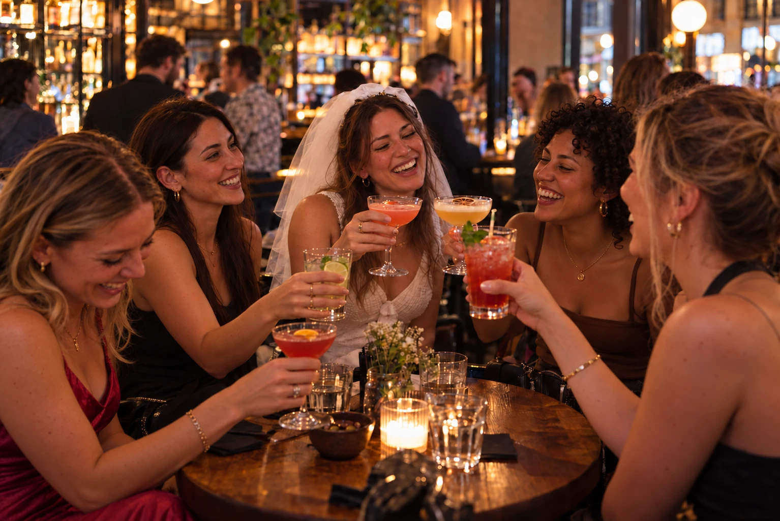 La future mariée et ses amies trinquent, verre à la main, à l'arrivée de l'aventure