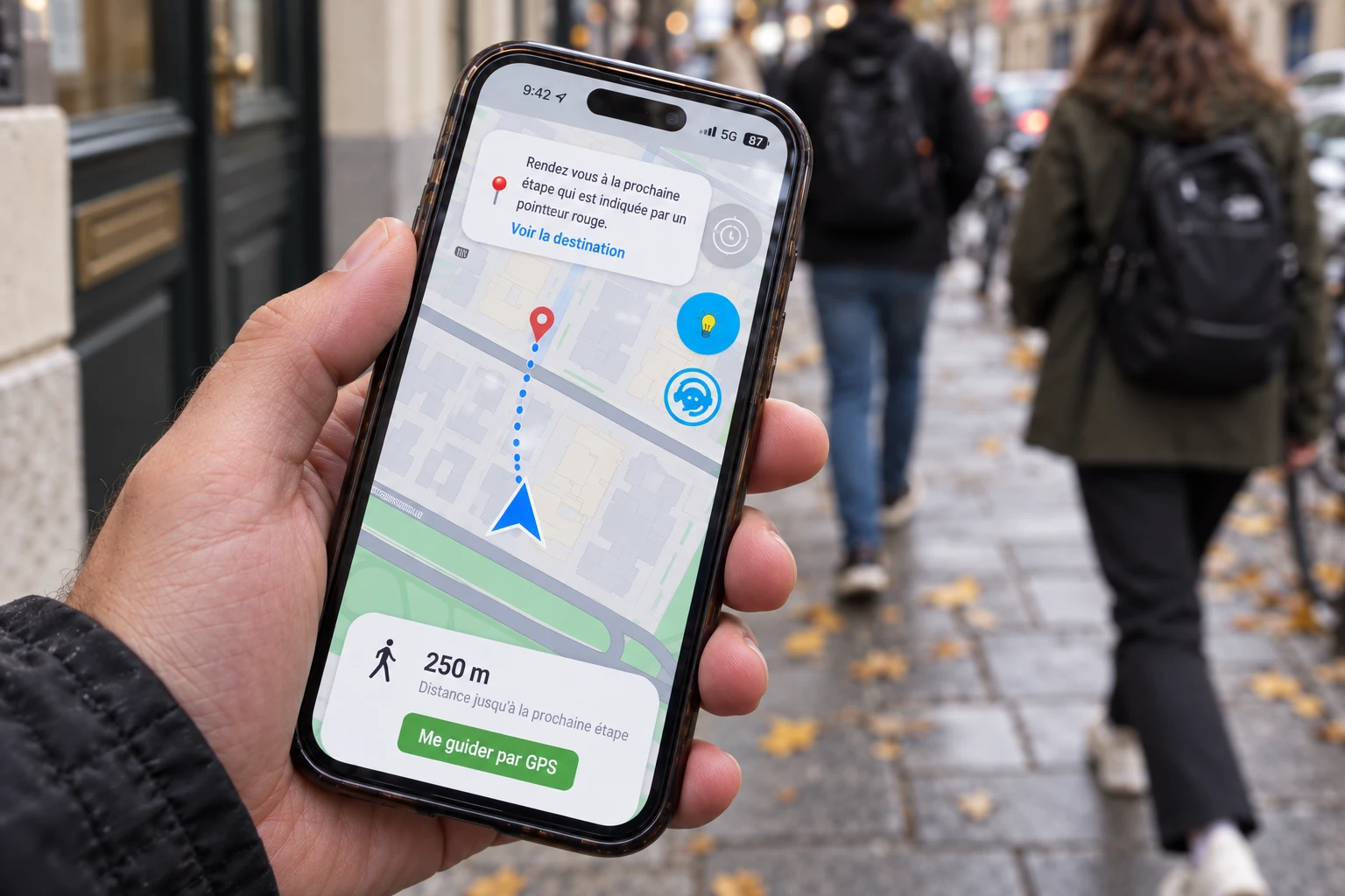 Un téléphone affiche l'écran du jeu avec l'itinéraire vers la prochaine étape, dans une rue