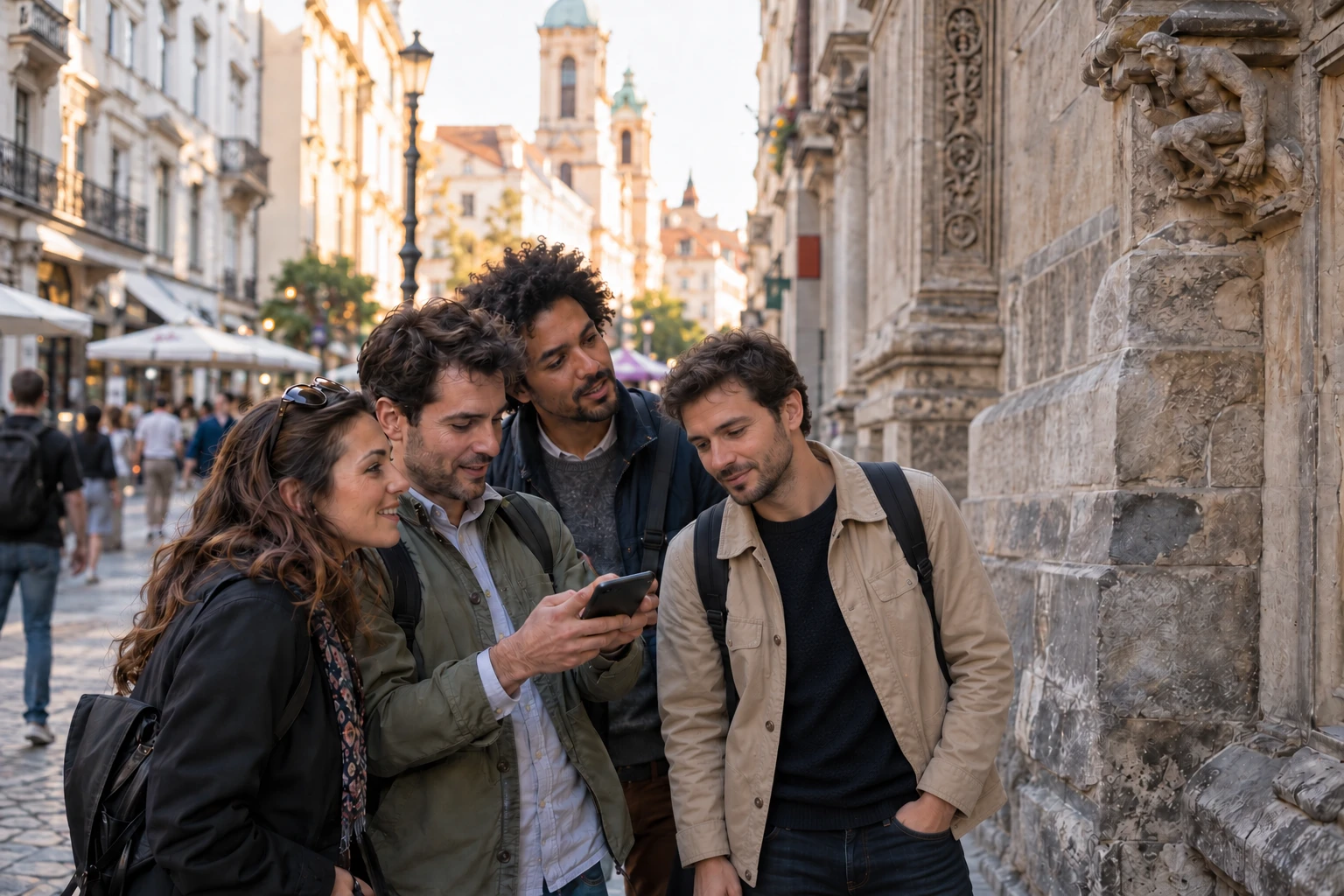 Un groupe de collègues examine de près un détail sculpté sur une façade, en pleine résolution d'énigme