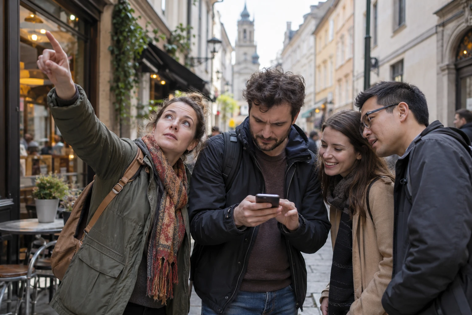 Une équipe en pleine enquête dans la rue, téléphone à la main, pendant un team building