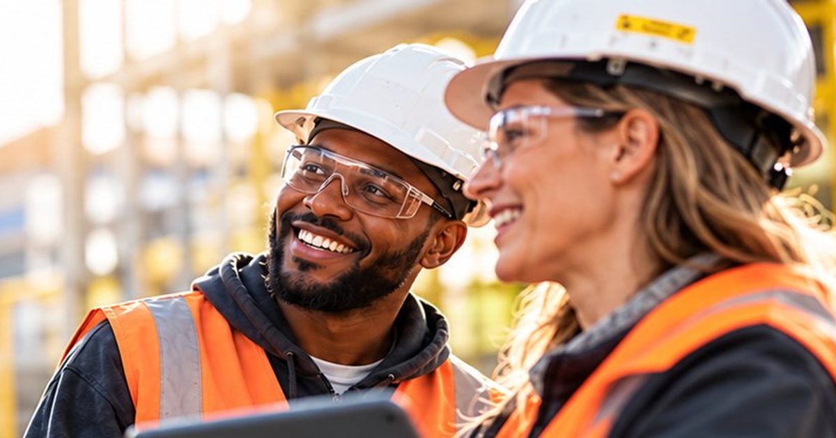 Deux salariés en casque et gilet de sécurité sourient devant une tablette sur un chantier