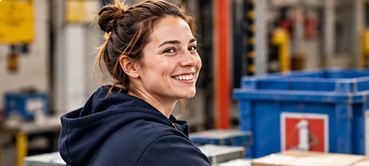 Une nouvelle arrivante sourit dans un atelier, entre des bacs de stockage