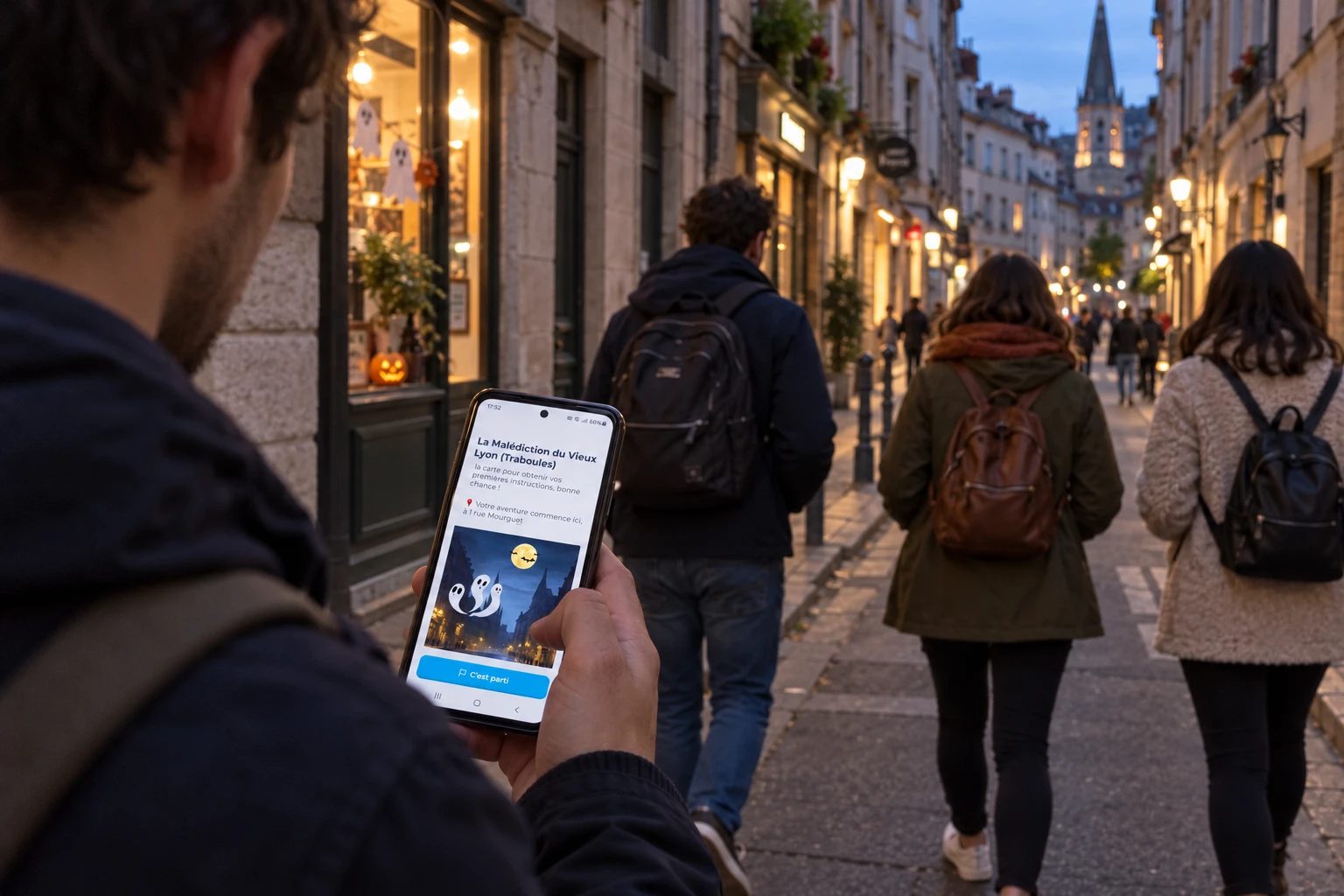 Un groupe d’amis suit la Malédiction du Vieux Lyon sur smartphone, à la tombée de la nuit, dans une rue décorée pour Halloween
