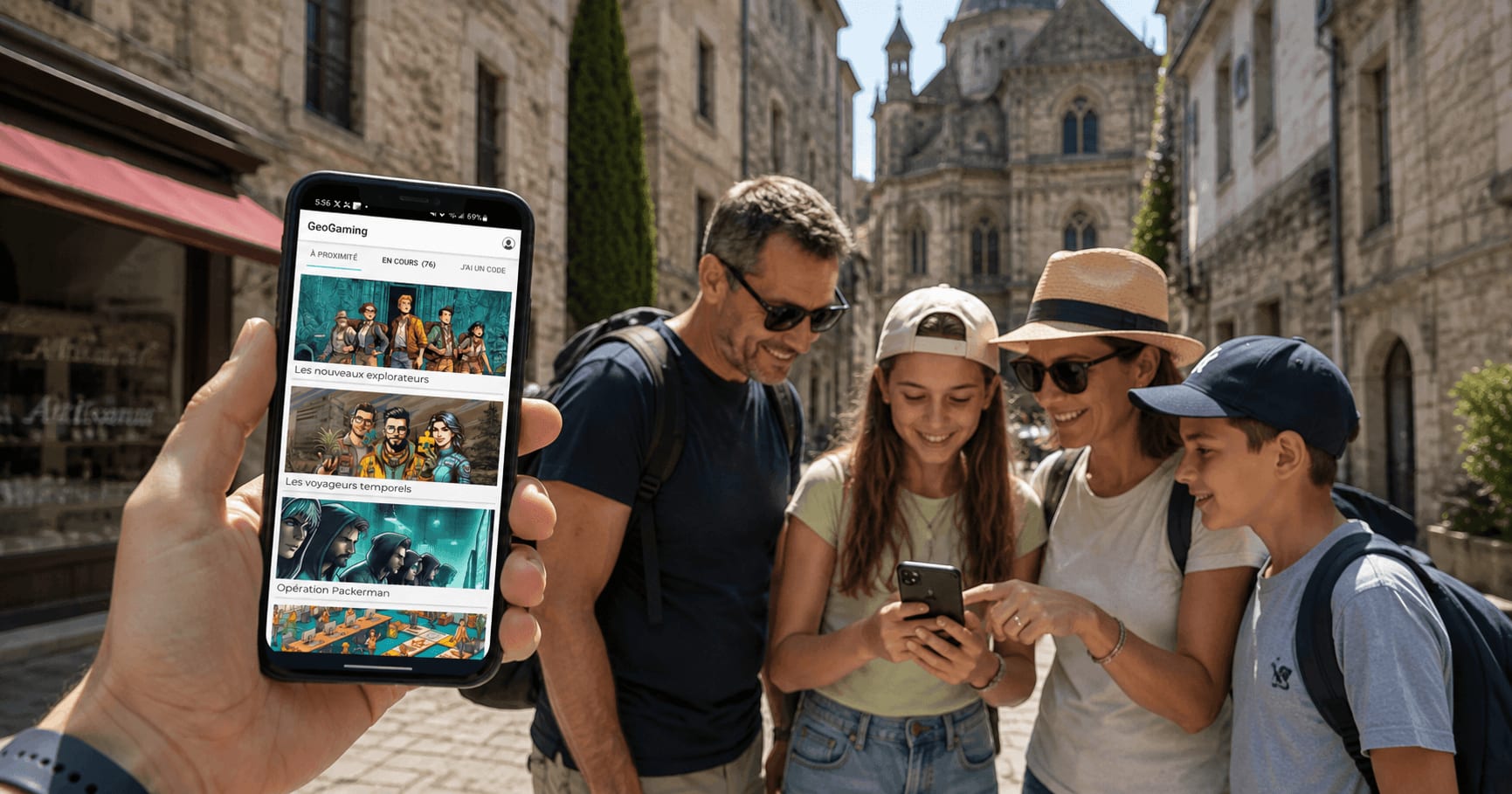 Une famille résout les énigmes d'un jeu de piste géolocalisé sur son téléphone, dans les rues d'une vieille ville
