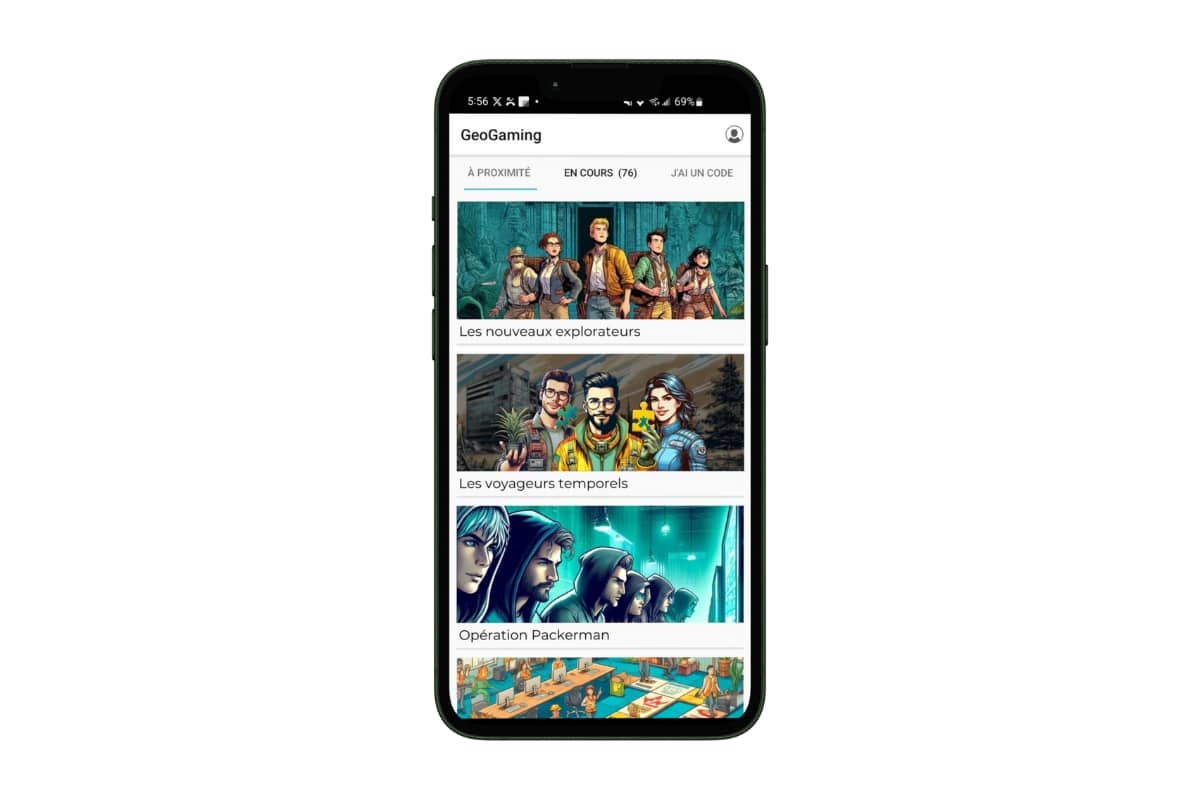 Application GeoGaming, liste des aventures à proximité