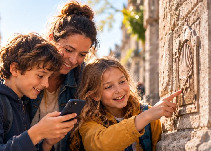 Une mère et ses deux enfants suivent l'aventure sur un téléphone ; la fille montre une coquille sculptée dans un mur de pierre