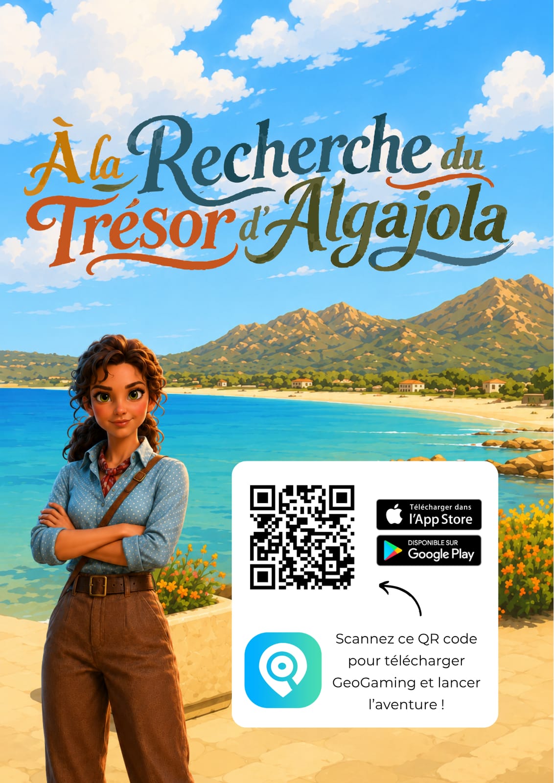 L’affiche de l’aventure « À la recherche du trésor d’Algajola », avec son QR code