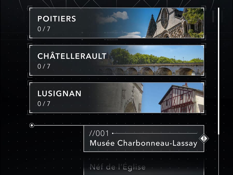 L'écran du codex de l'application : Poitiers, Châtellerault et Lusignan, chacune avec ses sept indices à trouver