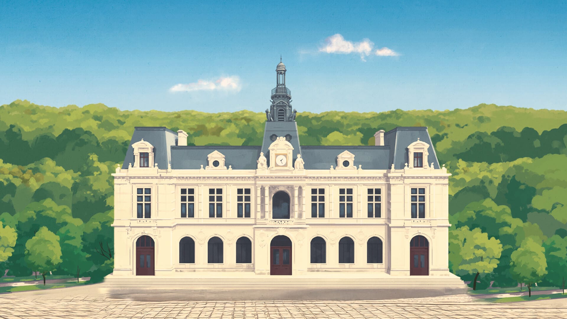 Illustration du jeu : l'hôtel de ville de Poitiers, l'un des monuments du parcours, tel qu'il apparaît à l'écran du joueur