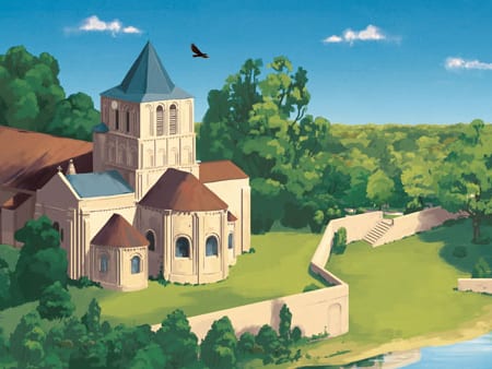 Illustration du jeu : l'église romane de Lusignan au-dessus de la vallée