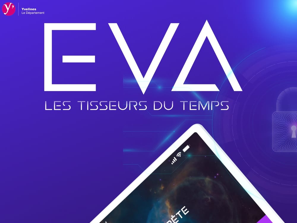 L'écran titre d'EVA, Les Tisseurs du temps, aux couleurs du Département des Yvelines