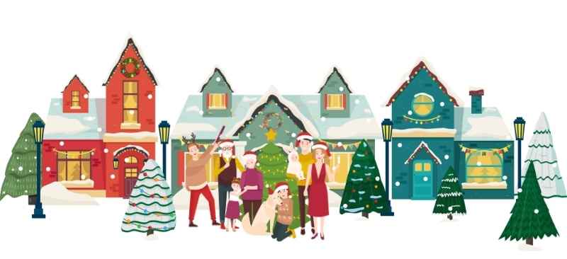 Illustration d'une famille qui fait un parcours ludique de Noël dans une collectivité