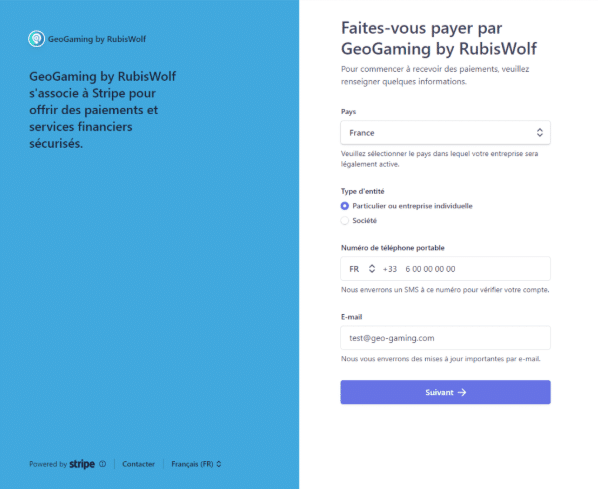 Illustration des informations à remplir pour créer le compte sur stripe